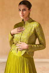 Lime Green Sequinned Georgette Crop Top Jacket with Skirt